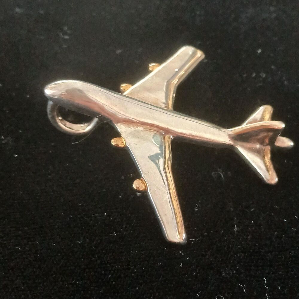 Vintage MJ Airplane Brooch Pendant Two Tone Jet Plane Aviation Jewelry 1980s